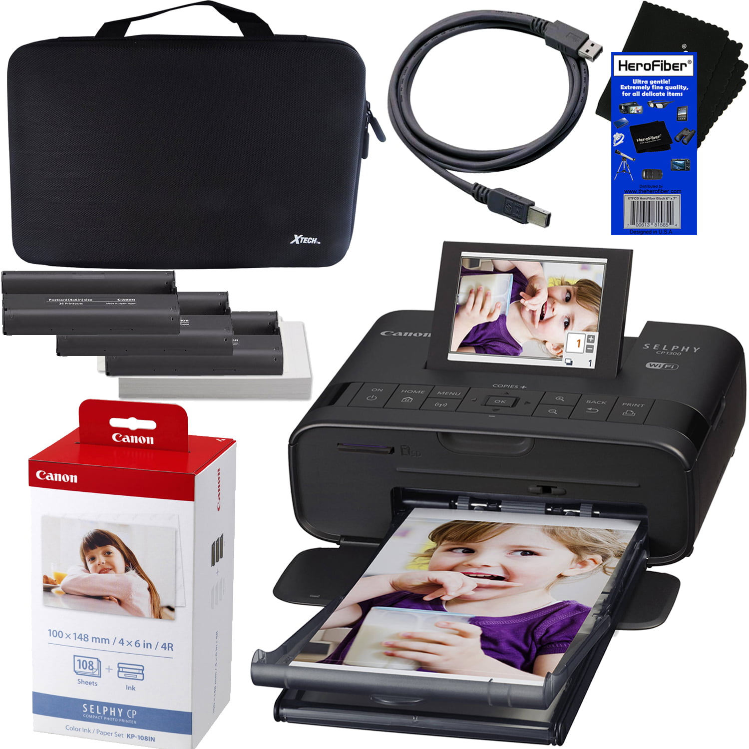 Canon SELPHY CP1300 Wireless Compact Photo Printer (Black) + Canon KP-108IN  Color Ink Paper Set (Produces up to 108 of 4 x 6