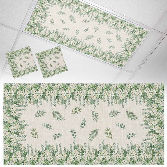 2 Pack Floral Border Fluorescent Light Covers for Ceiling Lights Eucalyptus Leaves Linen Texture Rustic Magnetic Ceiling Light Covers Overhead Light Filters for Office Classroom Home