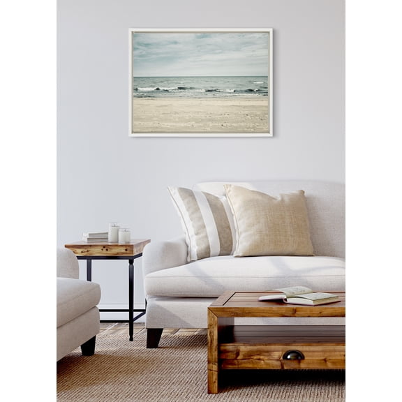 Kate and Laurel Sylvie Beach 2 Framed Canvas Wall Art by Emiko and Mark Franzen of F2Images, 18x24 White, Decorative Coastal Art Print for Wall