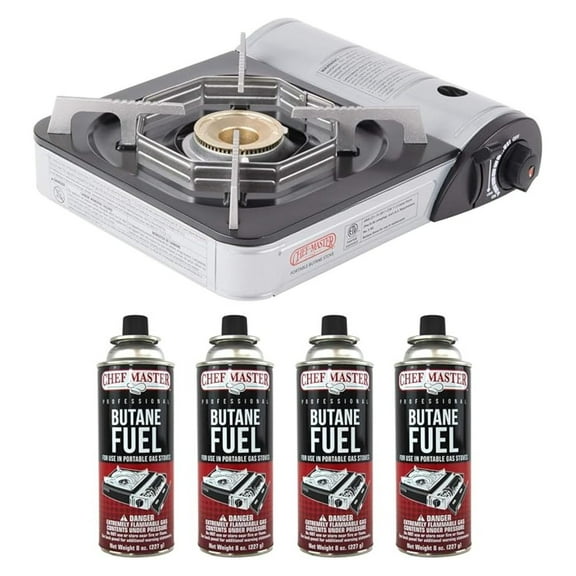 Chef-Master 90011 Butane Countertop Stove, 10 000 BTU Portable with Carry Case, High Performance, Piezo Ignition, Brass Burner, Safety Stop
