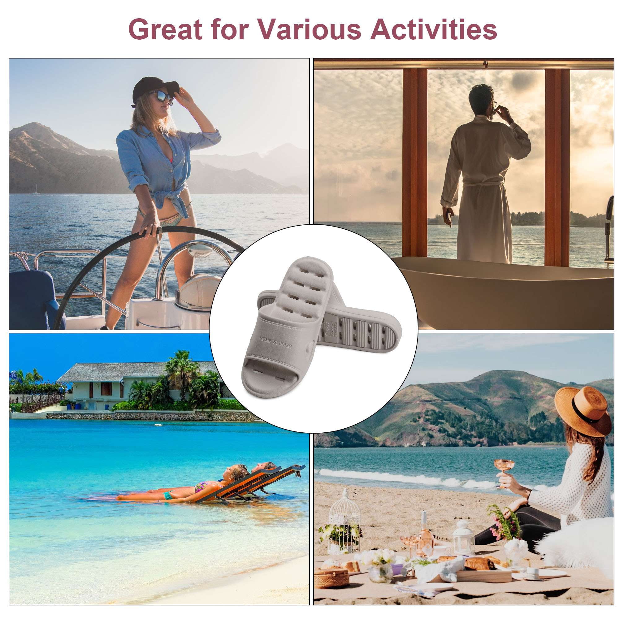 Shower Slippers for Women Men Non-Slip Quick Drying Slide Sandals Bathroom Comfort House Shoes with Drain Holes for Indoor Home Beach Pool