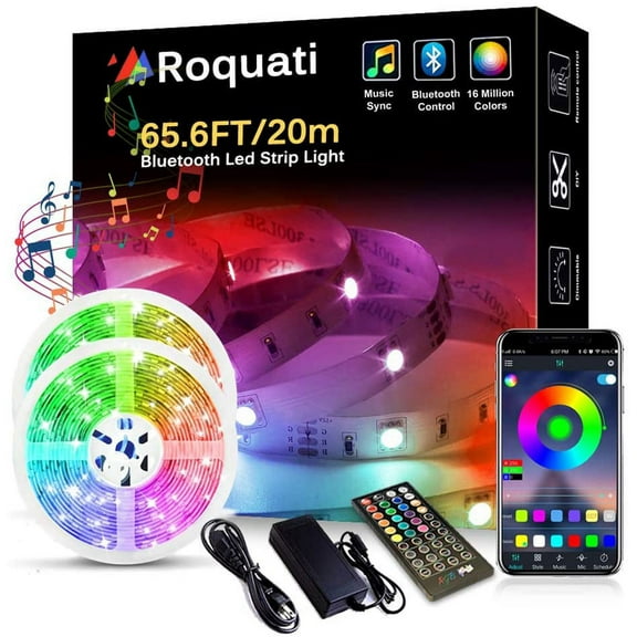Bluetooth LED Light Strip 65.6FT/20M 5050 RGB Strip Lights Music Sync Color Changing Rope Lights FlexibTape Light Kit with APP Controller for Bedroom Home Kitchen