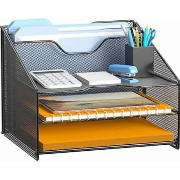INTIGE Mesh Letter File Folder Holder with 3 Paper Trays and 2 Vertical Upright Section, Desk File Organizer for Office Supplies