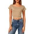 thumbnail image 4 of Open Back Crop Tops Women Short Sleeve Crew Neck T-Shirts Summer Casual Tee Going Out Blouses Plain Tshirts (XL, Khaki), 4 of 8