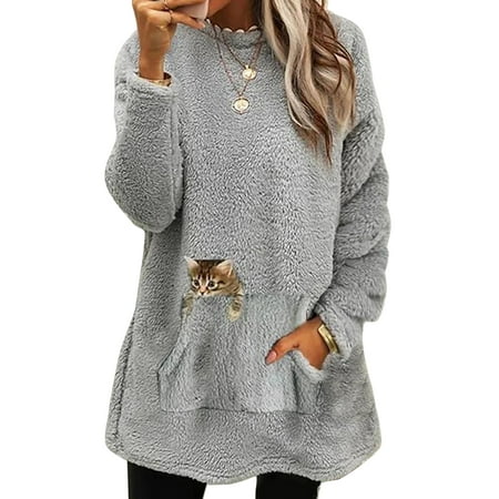 

Capreze Fleece Sweatshirts For Girl Womens Long Sleeve Crew Neck Casual Lounge Pajama Tops Gray S