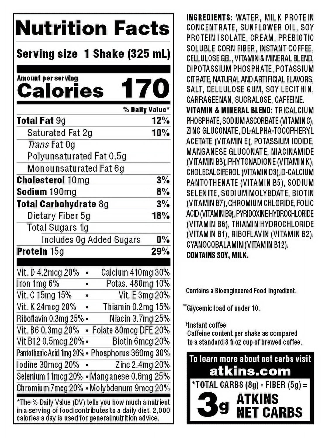 Atkins Iced Coffee Protein Shake, Cafe Au Lait, Keto Friendly, 11 oz, 12 Count