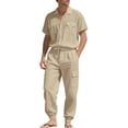 thumbnail image 2 of Maqroz Men's Summer Two Piece Set Short Sleeve Button Front Top and Trousers Casual Work Streetwear Fashion Mock Neck Lightweight Outfit, 2 of 9