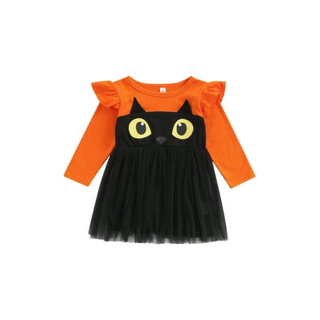 

Little Girls Halloween Dress Sweet Knee-Length One-Piece Long Sleeve Cat Crew Neck Ruffle Halloween Dress