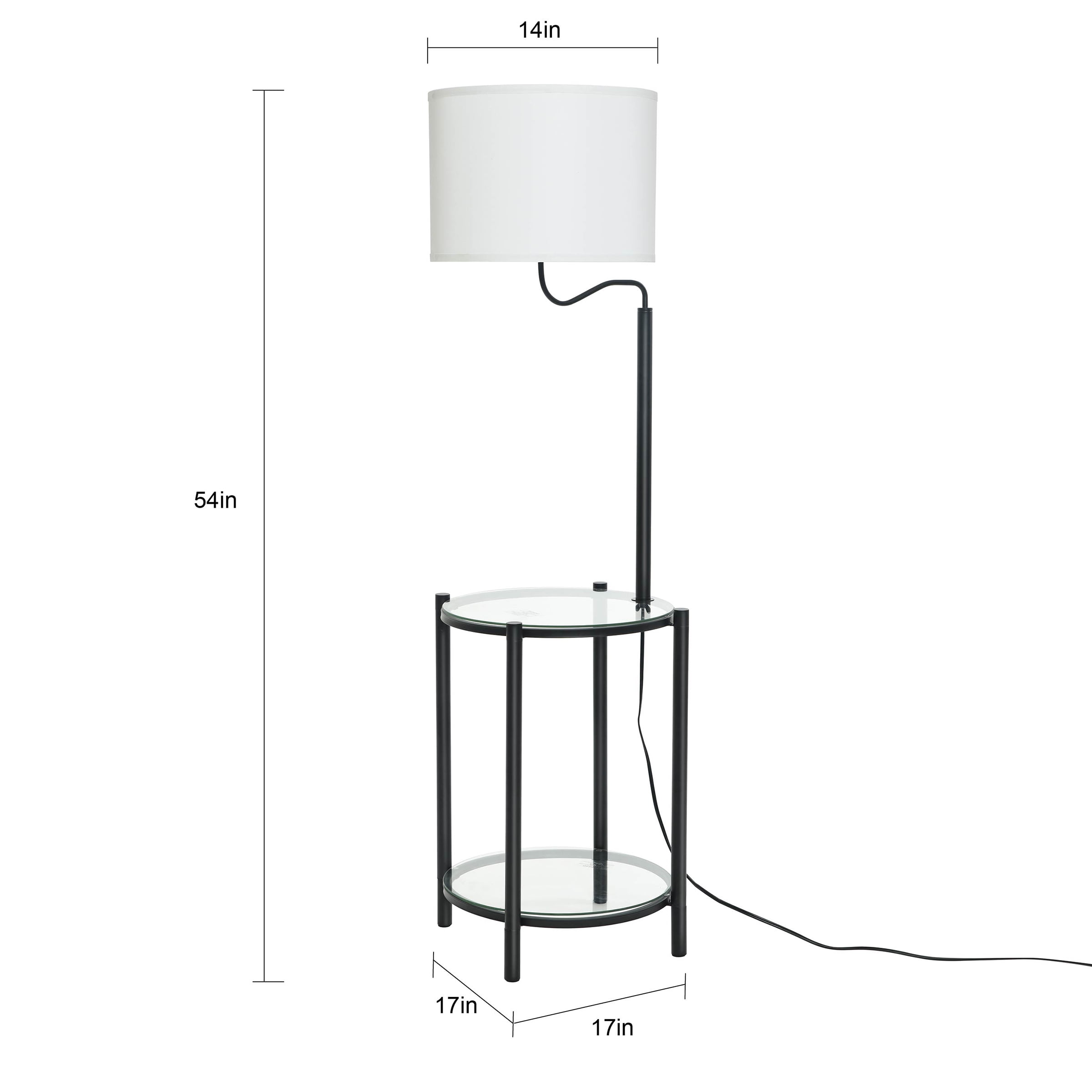 Mainstays Glass End Table Floor Lamp with White Shade, Matte Black, 17"L x 17"W x 54"H
