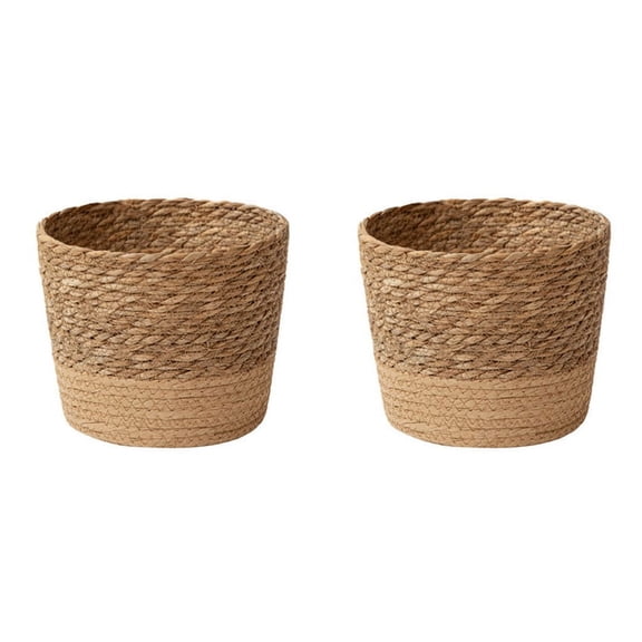 2X Straw Weaving Flower Plant Pot Wicker Basket Rattan Flowerpot Storage Basket Handmade Woven Planter Basket L