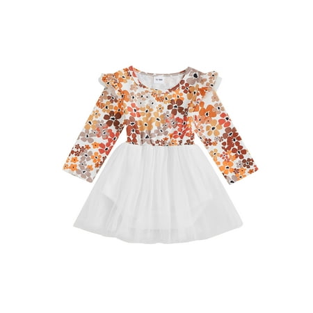 

jaweiwi Kid Girls Romper Dresses Long Sleeve Round Neck Ruffle Floral High Waist Fall Princess Dress Size 0 6 12 18 24 M