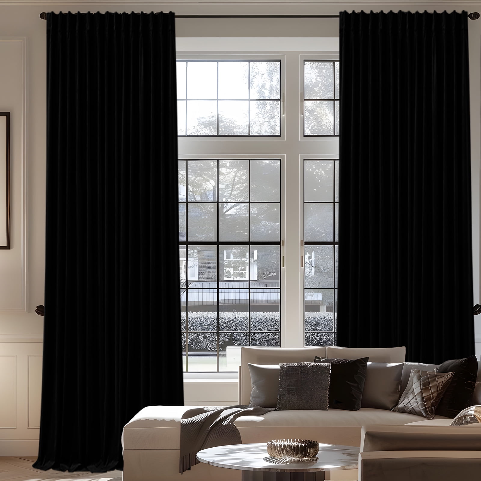 Galenzoov 40*84 inch 2 Panels Pinch Pleated Velvet Curtains for Home, Blackout Heat Blocking Window Curtains with Hooks for Bedroom,Living room,Office,Black