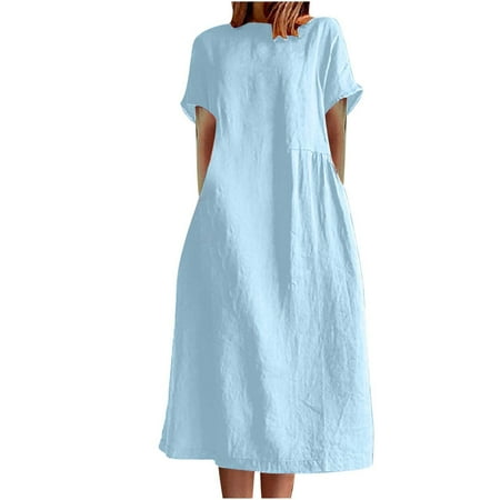 

LYXSSBYX Summer Dresses for Women Clearance Women s Summer Fashion Solid Color Round Neck Short Sleeve Cotton Linen Dress