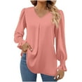 thumbnail image 2 of AXXD Pink Basic Blouses for Women Dressy Casual Summer 2024 Casual Sleeve Long Sleeves V-Neck Loose T-Shirt Blouse Tops, 2 of 7
