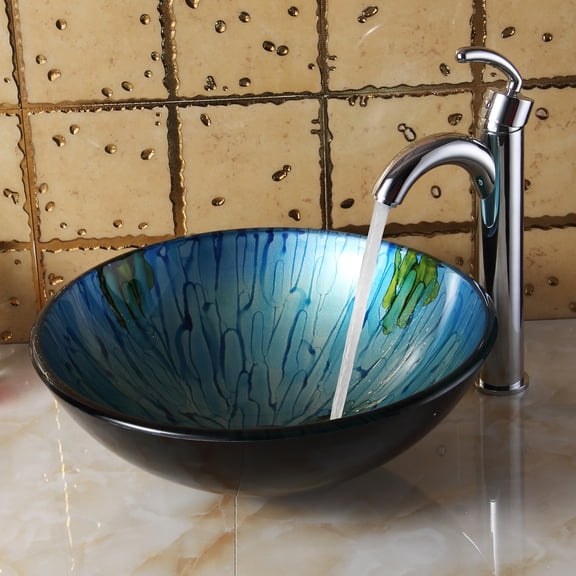 Elite Handpainted Abstract Blooming Blue Watercolor Pattern Tempered Glass Bathroom Vessel Sink with Chrome Pop-up Drain and Mounting Ring - 130E P01008C