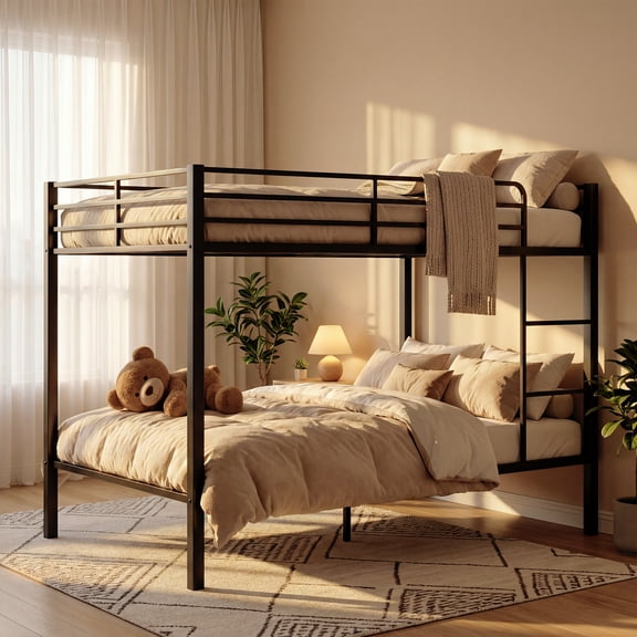 Seizeen Full Bunk Bed, Full over Full Metal Bunk Bed, Modern Retro Full Size Bunk Bed Frame with Ladder and Safety Guardrails, for Teens & Adults, No Box Spring Needed, Black