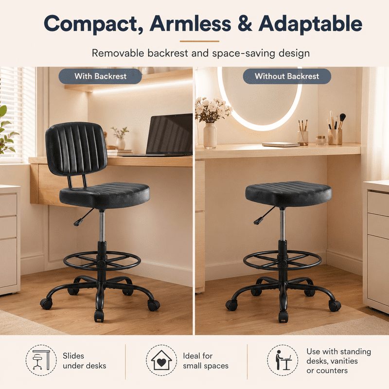 Simple Deluxe Armless Drafting Chair with Footrest, PU Leather, Black