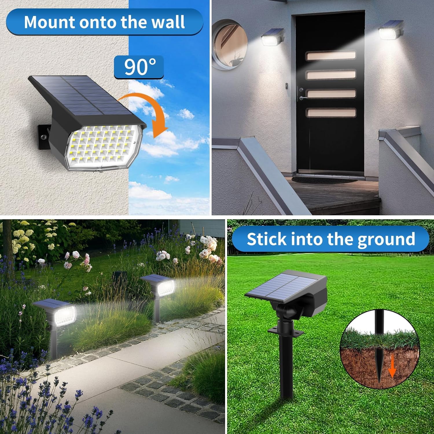 Solar Lights Outdoor, 6 pack, 3 Modes, 2-in-1 Auto On/Off, Waterproof Landscape Solar Spotlights for Yard, Garden, Wall, Pathway - Cool White