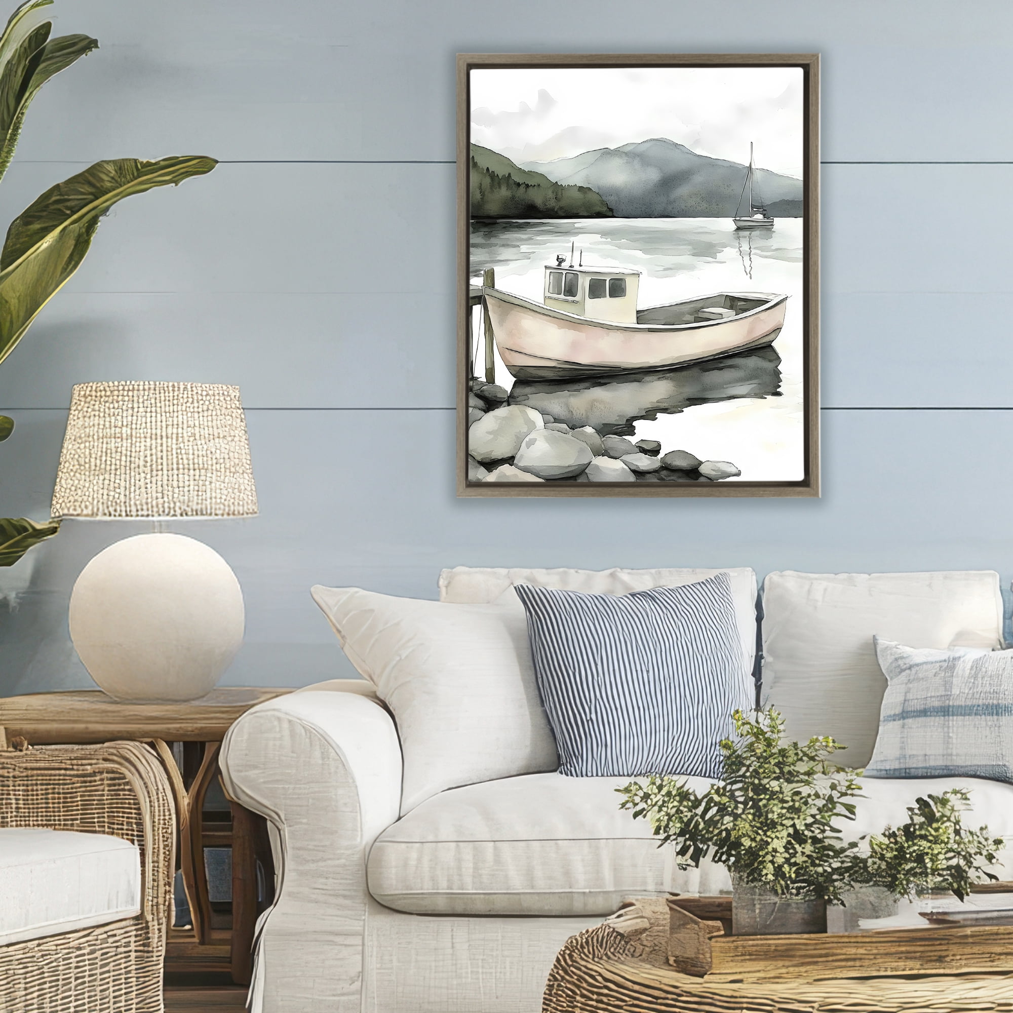 Stupell Industries Coastal Calm Docked Boat Brown Framed Floater Canvas Wall Art, design by Riley B