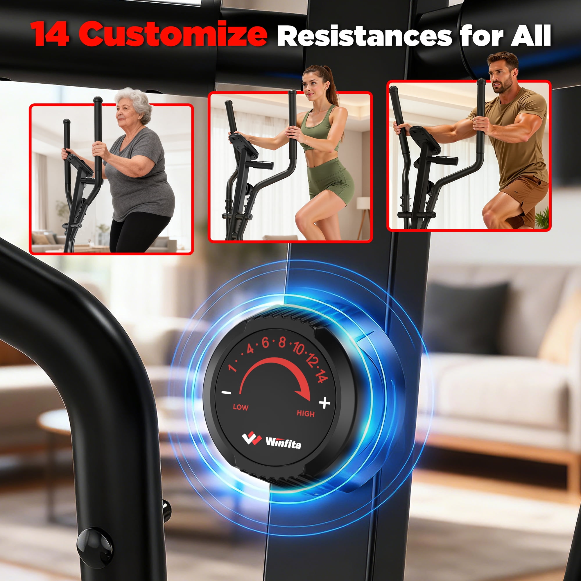 Elliptical Machine, Total Body Fitness Cross Trainer for Home Use, Cardio Workout Training Elliptical Trainers with Hyper-Quiet Electromagnetic Front Driving System, 18IN Stride, 14 Resistance Levels