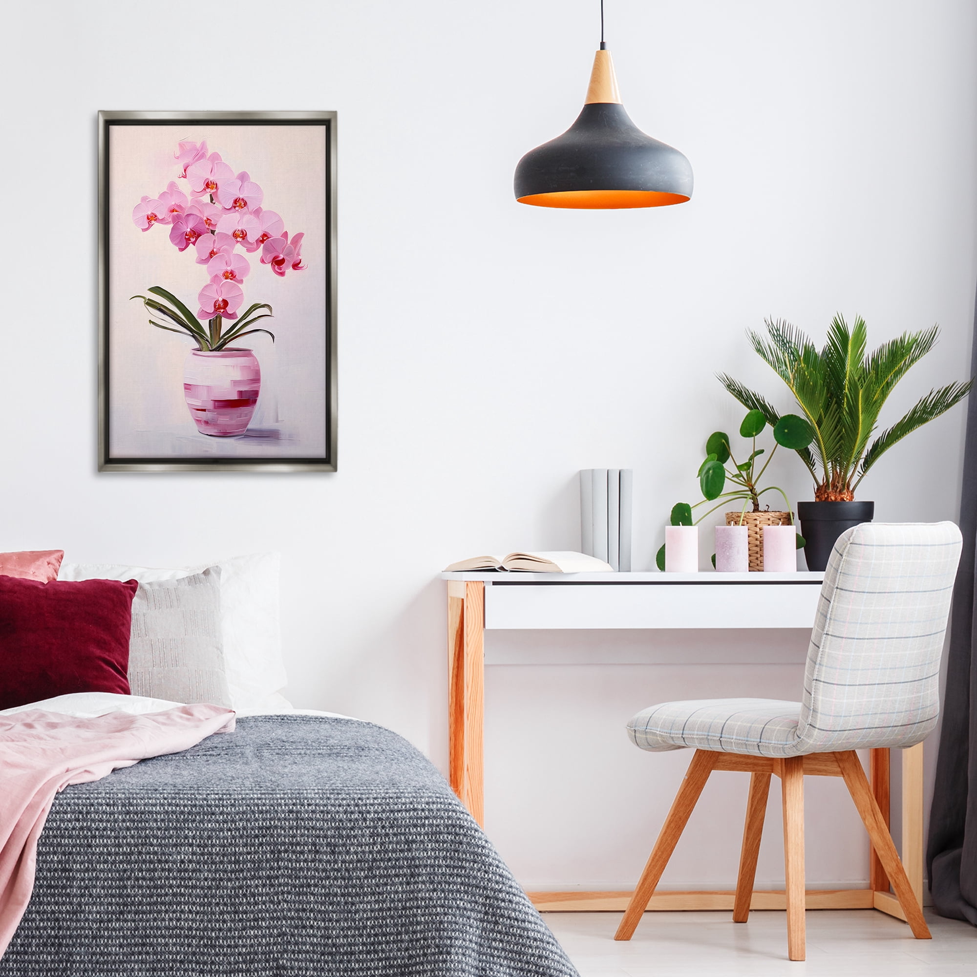 Stupell Industries Rosy Pink Orchid Botanical & Floral Painting Gray Floater Framed Art Print Wall Art, 21 x 31