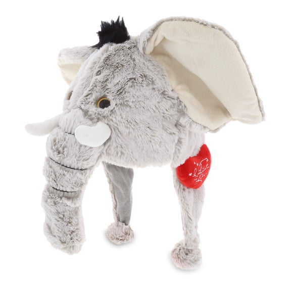 DolliBu I LOVE YOU Super Soft Plush Elephant Hat - Cute Stuffed Animal with Red Heart For Valentine, Anniversary, Romantic Date, Costume Wild Life Plush Hat Gift For Boyfriend or Girlfriend - 17.5"