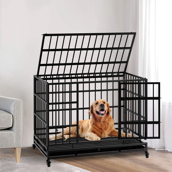 48 Inch Dog Crate with Wheels, Folding Metal Big Dog Cage for Large and Medium Dogs, Cage with Removable Plastic Tray