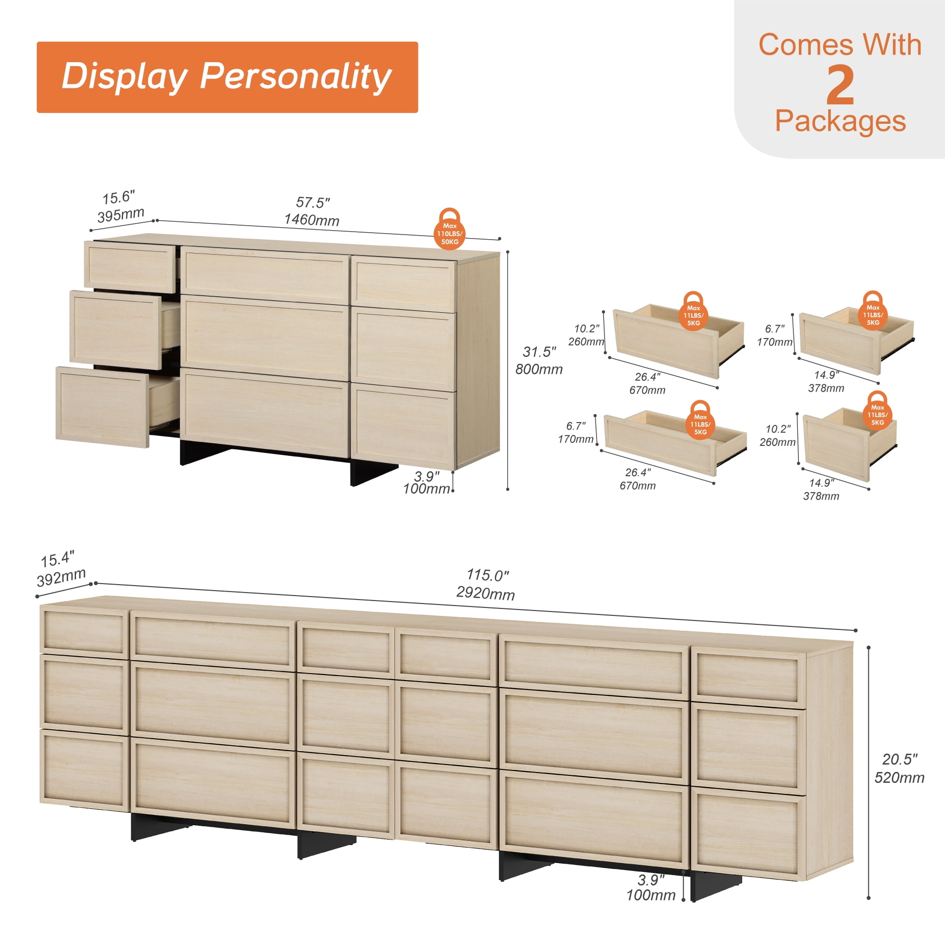 Modern Picture Frame Sideboard Buffet Cabinet with 18 Drawers and T-Shaped Wood Legs, Multifunctional Large Storage Coffee Bar Cabinet Organizer for Kitchen, Dining Room,Beige
