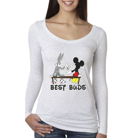 New Way 006 - Women's Long Sleeve T-Shirt Best Buds Smoking Bench Mickey Bugs (Best Way To Caress A Woman)
