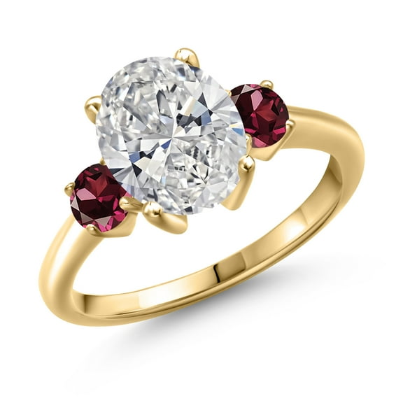 2.74 cttw IGI Certified Lab Grown Diamond and Red Rhodolite-Garnet 3-Stone Engagement Ring for Women | 18K Yellow Gold Plated Silver | Center 2.00 Ct Diamond | E-F Color | VS1-VS2 Clarity | Size 6