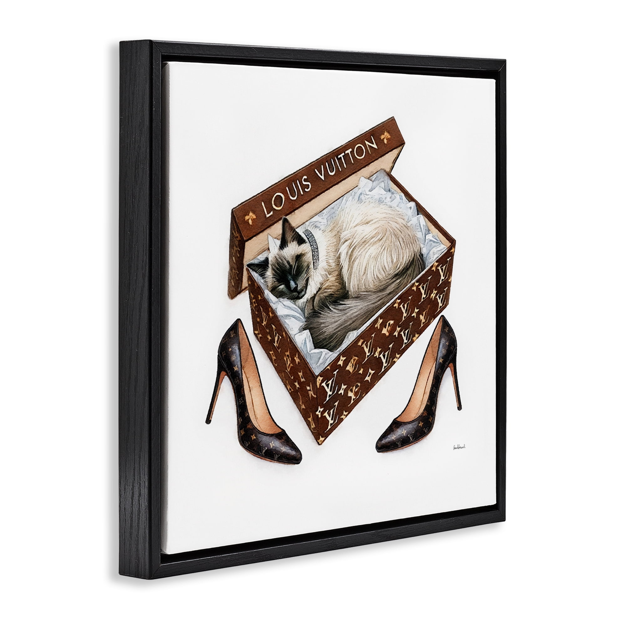 Stupell Industries Kitty Sleeping Heels Box Animals Painting Black Floater Framed Canvas Art Print Wall Art, 25 x 25