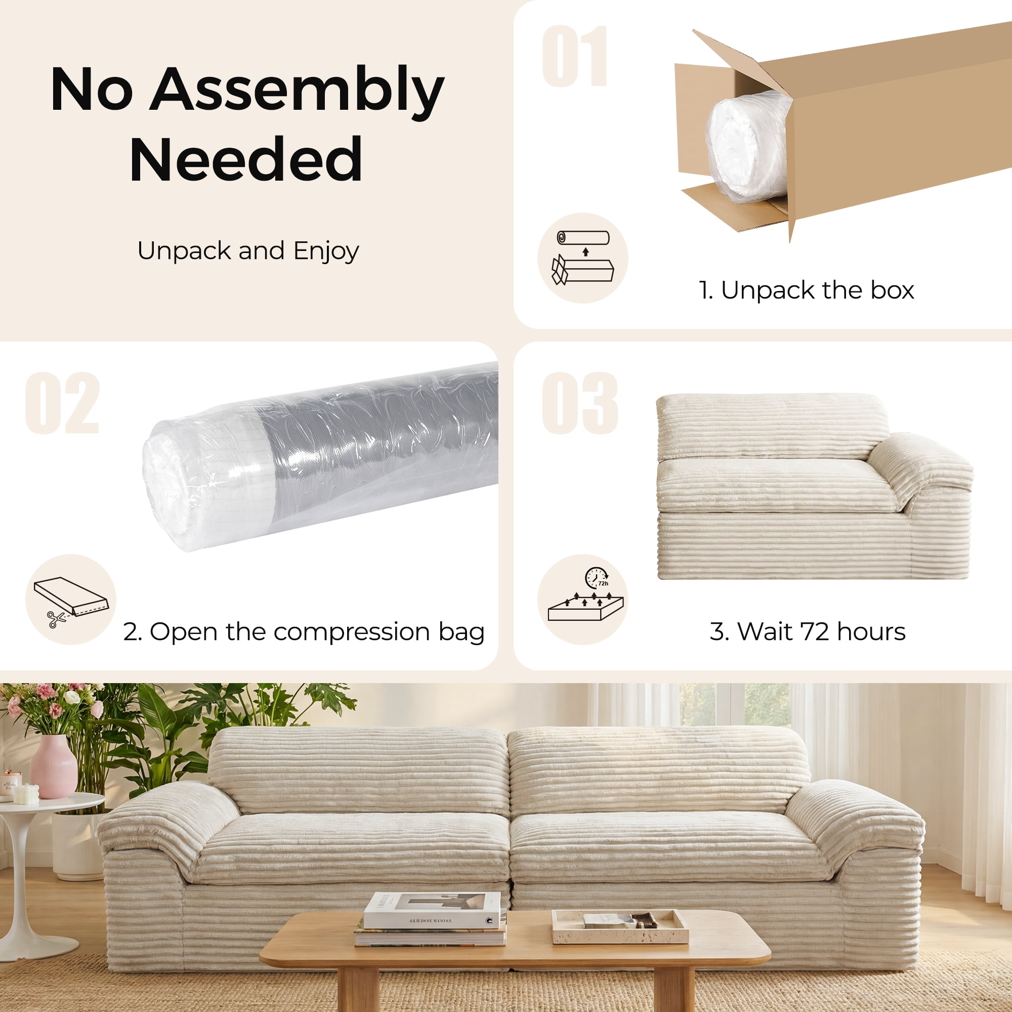 Neche 114" Boneless Sofa Couch for Living Room, Deep Seat, Soft Corduroy Design, Camel