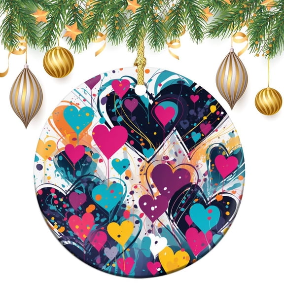 Christmas Ceramic Ornament Colorful Hearts Double Sided Porcelain 3 Inch Red Love Heart Xmas Holiday Keepsake Christmas Tree Decoration Gifts for Women Men On Christmas