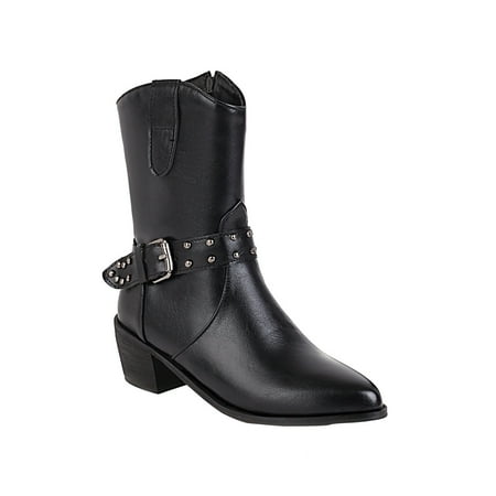 

KBKYBUYZ Autumn And Winter Color Matching Pointed Toe TThick Heel Ladies Short Boots