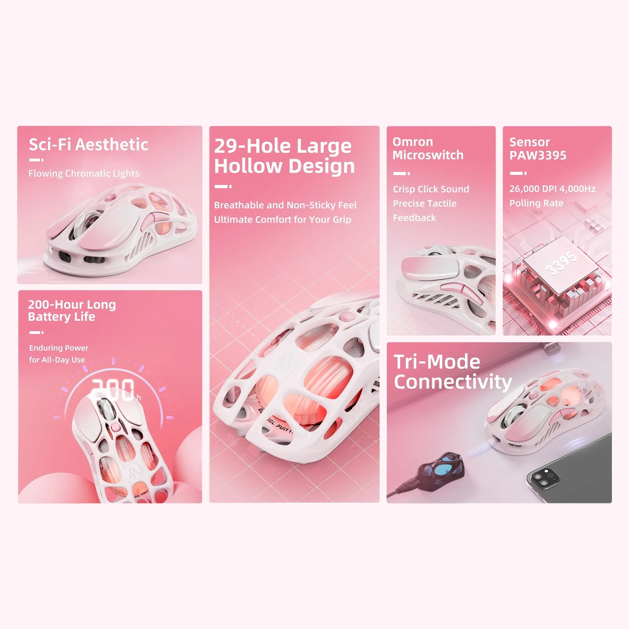GravaStar Mercury M1 Pro Sakura Pink Wireless Gaming Mouse – 26,000 DPI PAW3395DM • Magnesium Alloy • Tri-Mode (Wired/2.4GHz/Bluetooth) • 4K Polling-Sakura Pink