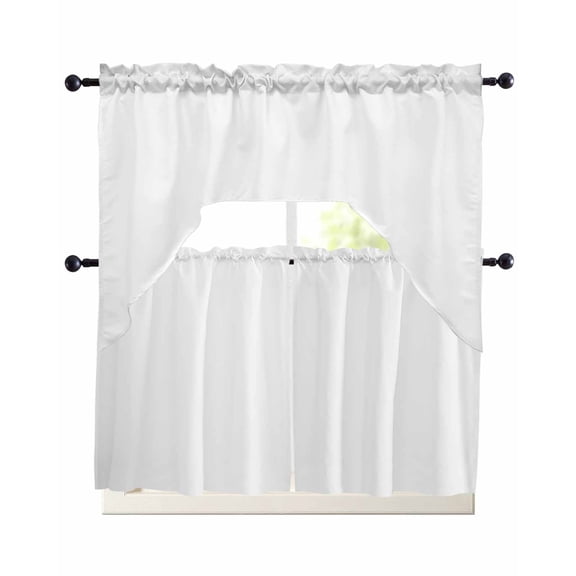 White Swag Curtains for Living Room/Bedroom Windows, Modern Minimalist Pure Soild Color Kitchen Curtains and Valances Set 36 Inch Length, Light Filtering Swags Valance Curtain Panels