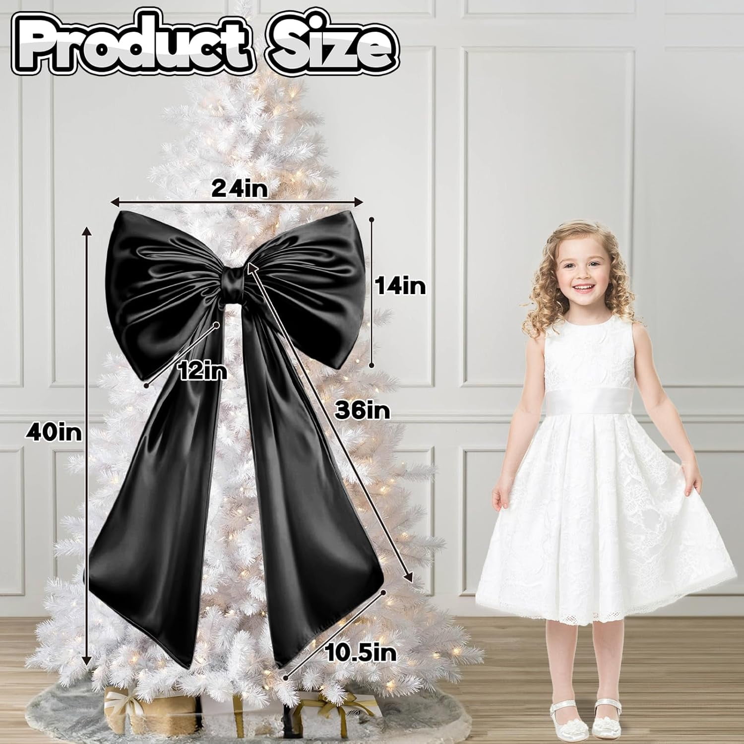 Black Bow Decor, 40 x 24 Inches Large Big Black Bow Party Decorations for Backdrop Birthday Wedding Bride, Huge Satin Ribbon Tie Hanging Wall Decor for Her (Satin, Internal Stability Layer)