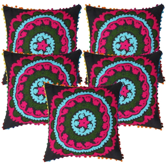 Stylo Culture Indian Chair Seat Throw Pillow Covers 16 x 16 Embroidered Suzani Black Pink Elegant 40 x 40 cm Pom Pom Lace Cotton Floral Square Cushion Covers | Set Of 5
