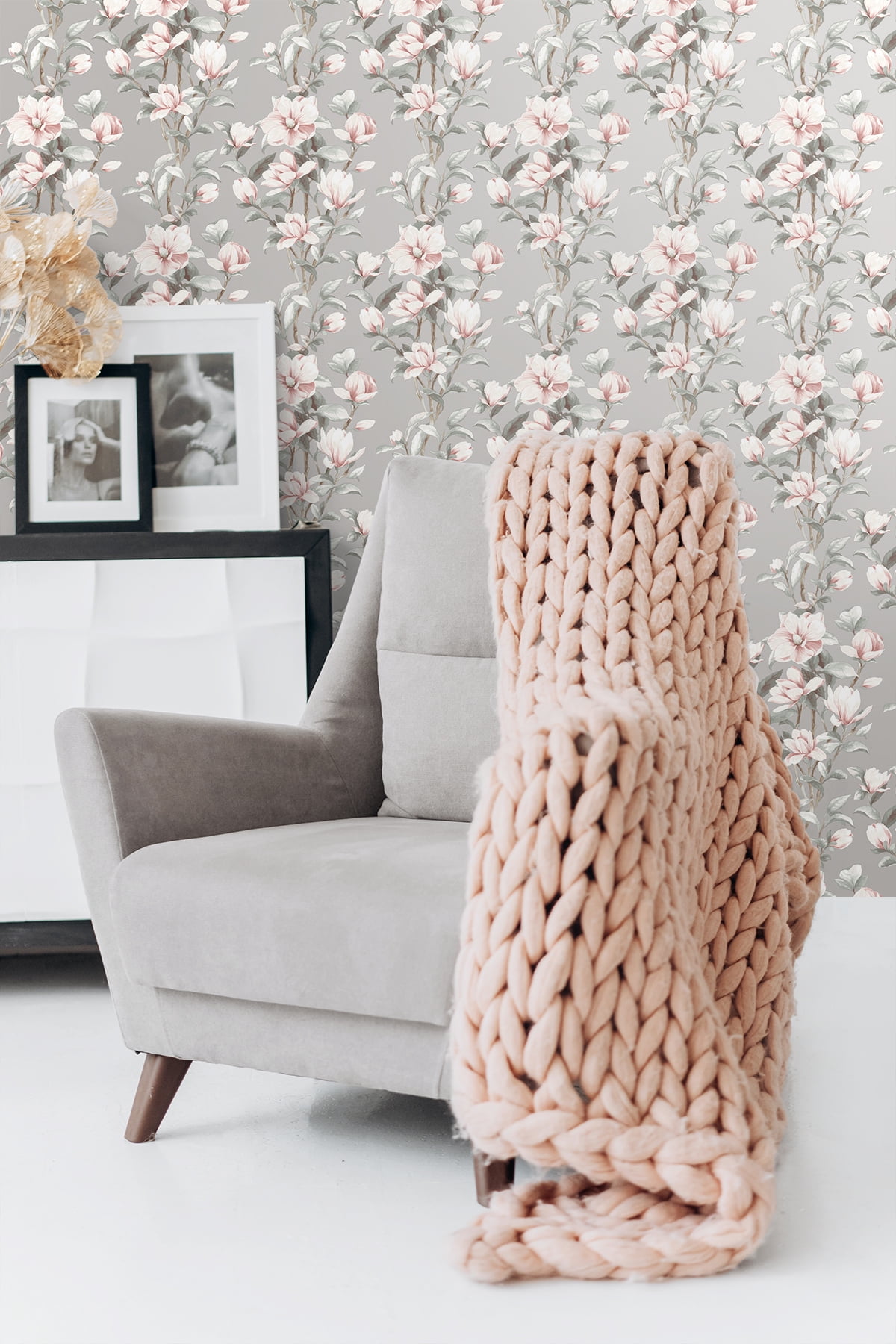 NextWall Metallic Silver & Petal Pink Magnolia Trail Peel and Stick Wallpaper