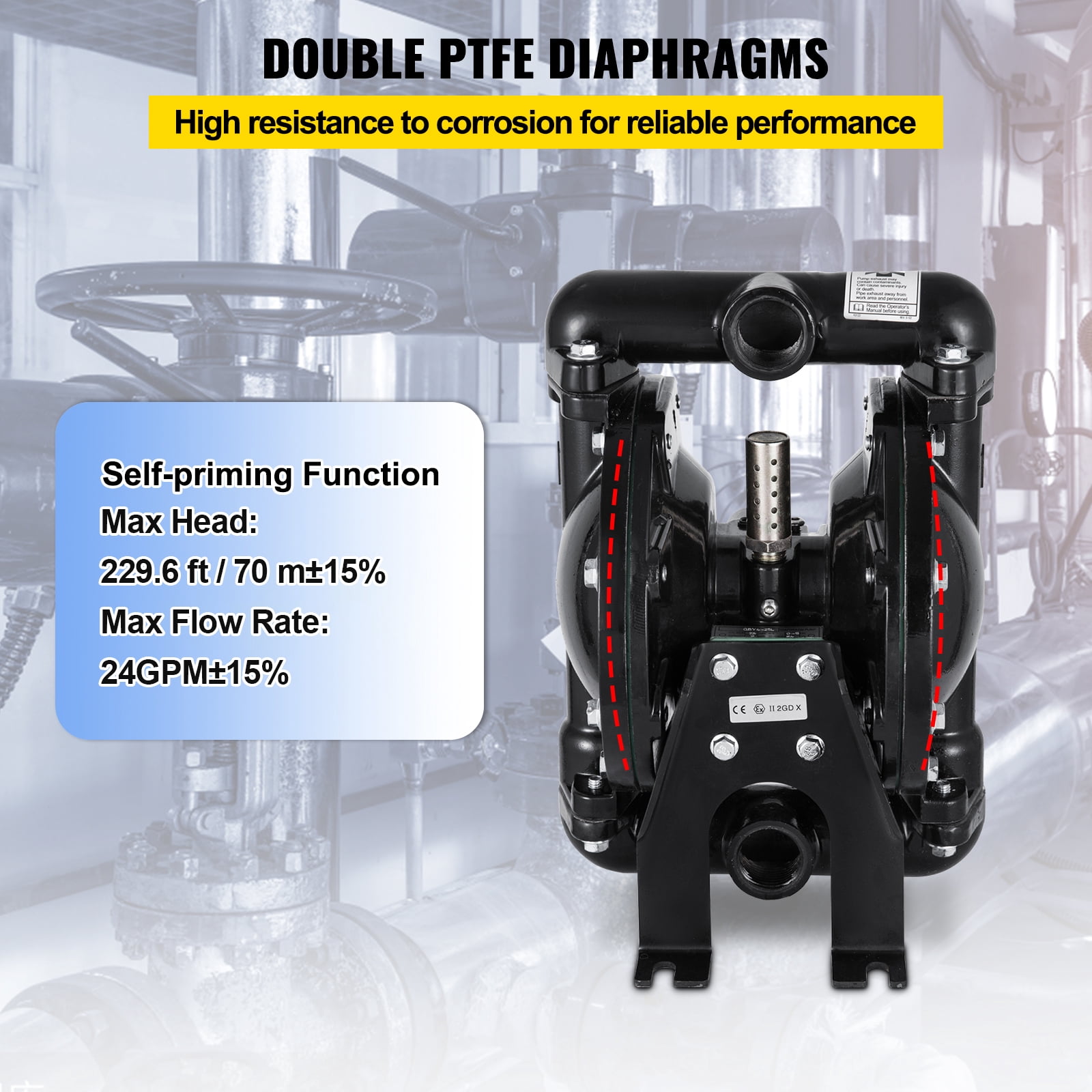 SKYSHALO Dual Diaphragm Pump, Air-Powered, 1" Inlet/Outlet, Aluminum Body, 35 GPM, Max 120 PSI, for Industrial Applications, QBY4-25LF46-1inch-35
