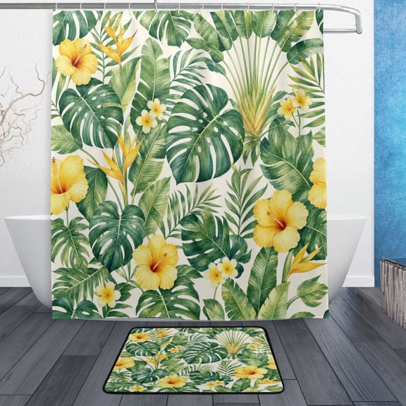 TTYFWHD 60" x 72" Shower Curtain and Bath Mat Set Hawaiian Floral Monstera Artwork Waterproof Bathroom Curtain with 12 Hooks, Bathroom Decor Set