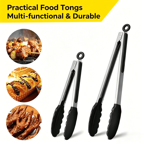 PLERISE 2-Pack Stainless Steel Kitchen Tongs, 7 and 9 Inch Heat Resistant BBQ Tongs with Non-Scratch Silicone Tips, Strong Grip for Cooking Salad Air Fryer, Black