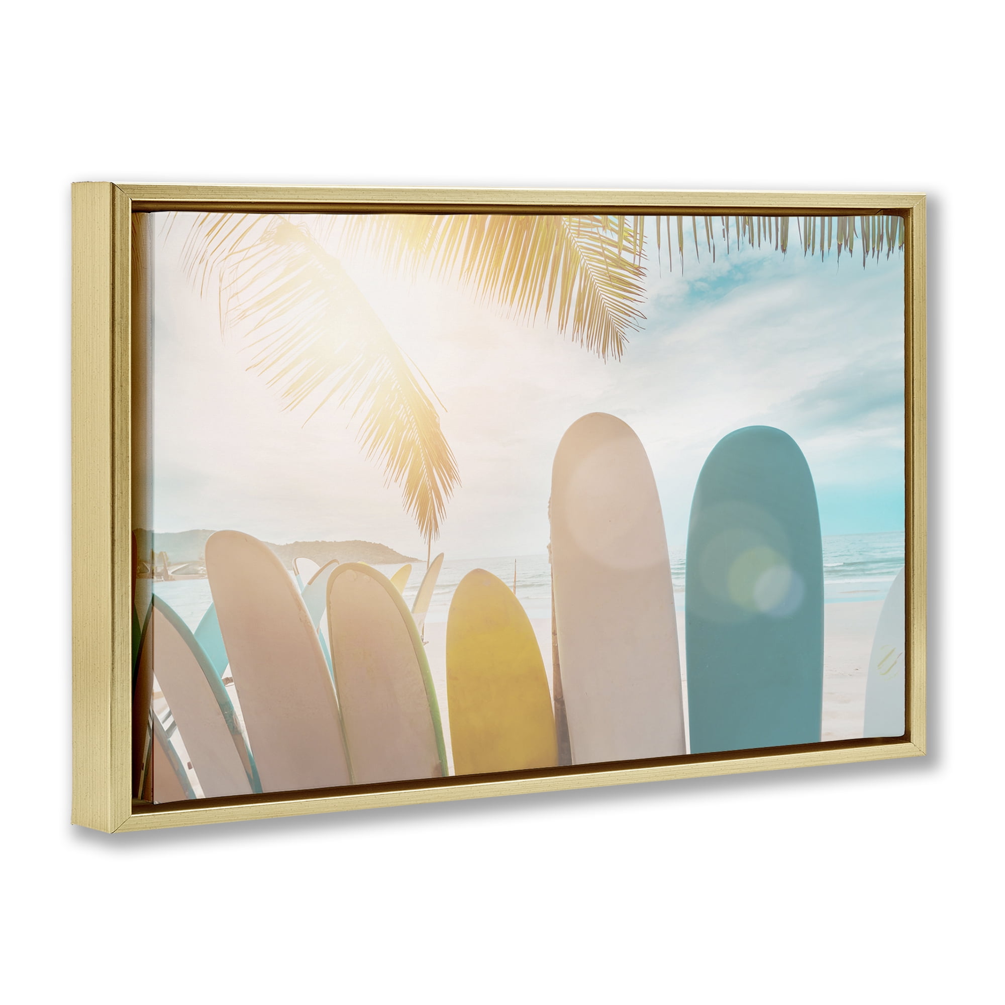 Stupell Industries Sunny Beach Surfboards Sports Photography Gold Floater Framed Canvas Art Print Wall Art, 25 x 17