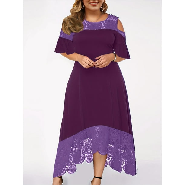 Plus Size Floral Print Contrast Lace Off Shoulder Cami Dress Women's Plus  Elegant Slight Stretch Party Dress - Walmart.ca