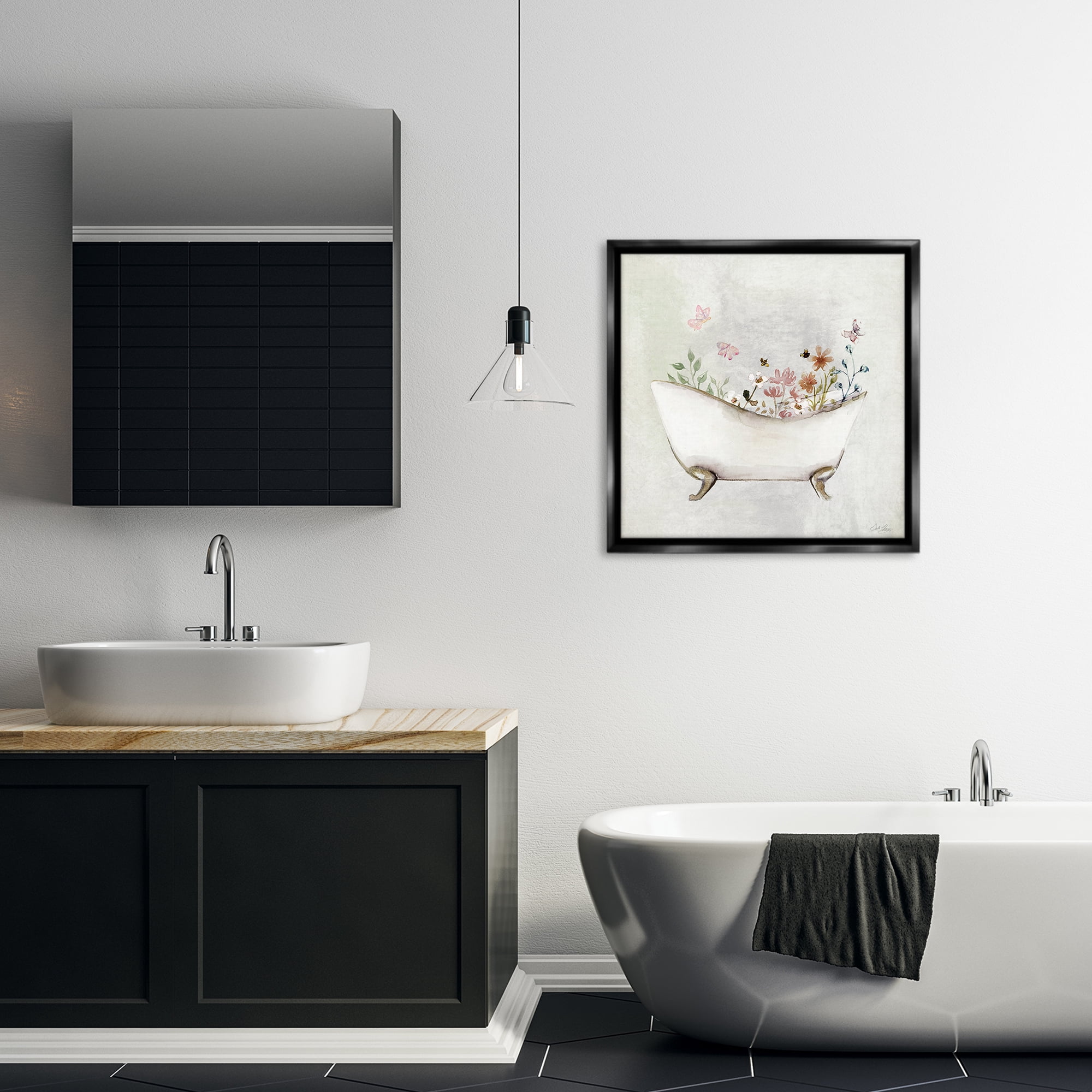 Stupell Industries Butterfly Floral Bath Typography Painting Black Floater Framed Canvas Art Print Wall Art, 25 x 25