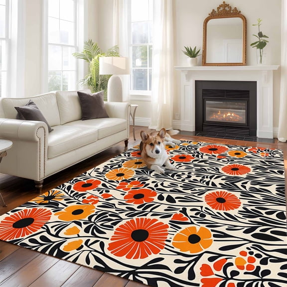 5'x8' Area Rugs, Orange Spring Floral Indoor Outdoor Area Rug for Living Room Bedroom, Black Botanical Leaf Summer Washable Bathroom Rugs Kitchen Floor Carpet Mats Home Decor Aesthetic