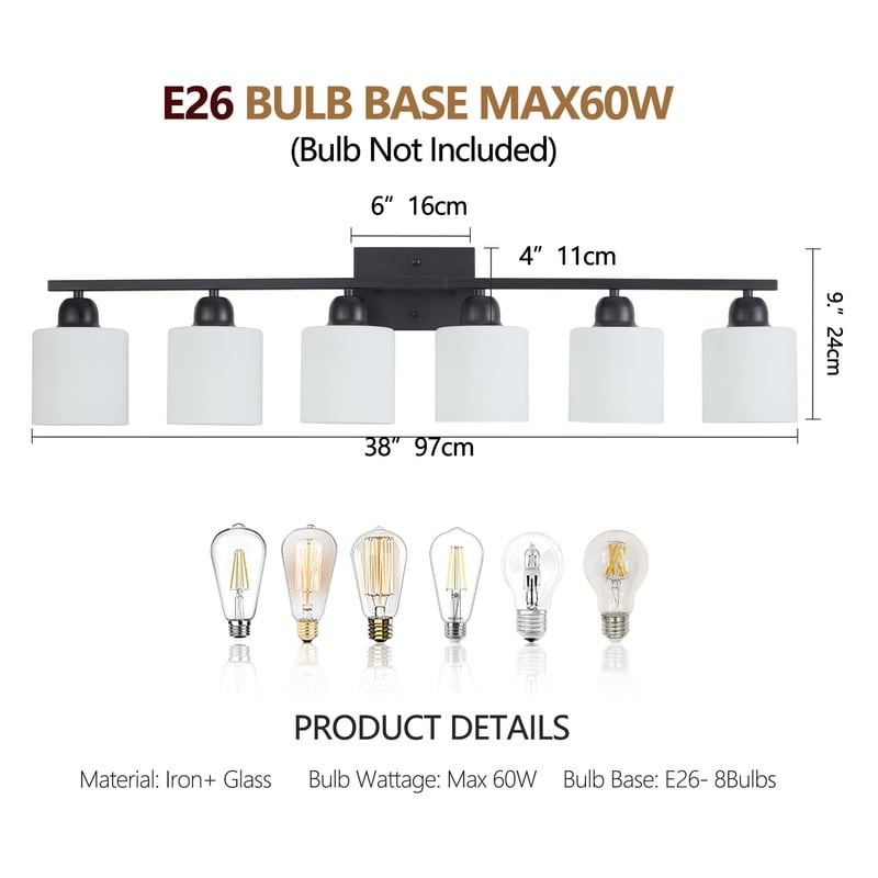 38" 6-Light Black Vanity Fixture - Modern Matte Bathroom Lighting for Mirror, Dimmable Wall Sconce with Milky White Glass Shades (Bulbs Not Included)
