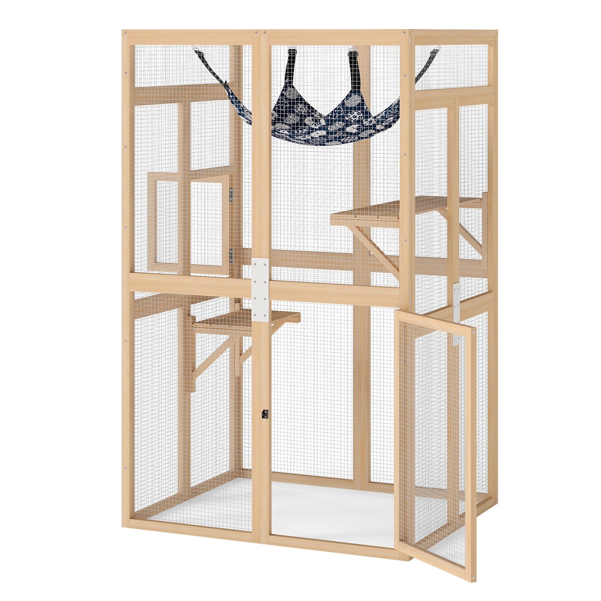 Pefilos 64" Cat House Outdoor Catio Cat Enclosures Wooden Kitty House with Platforms, Waterproof Roof, Hammock, Beige
