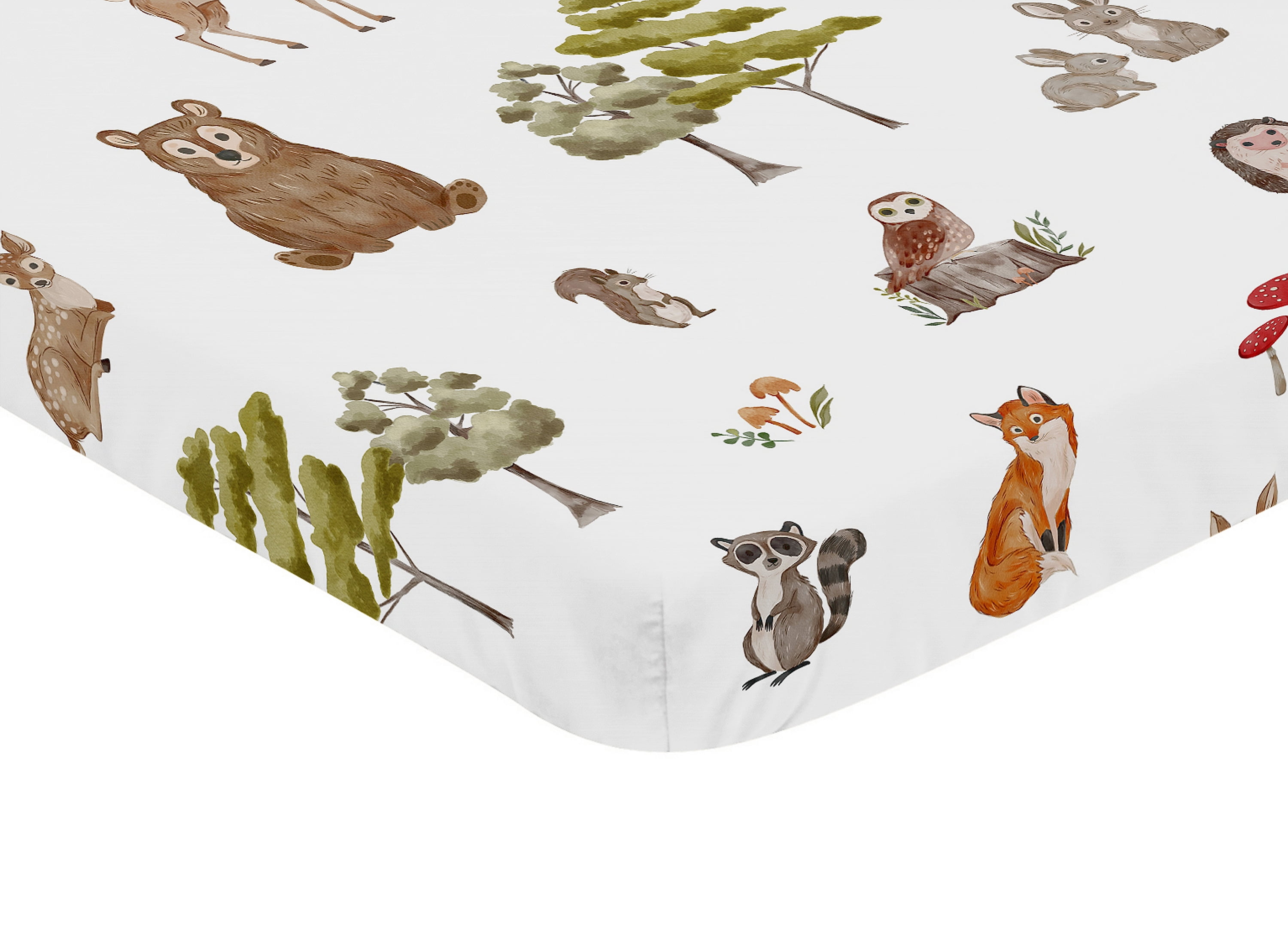 Sweet Jojo Designs Watercolor Woodland Forest Animals Green Brown White Mini Fitted Crib Sheet