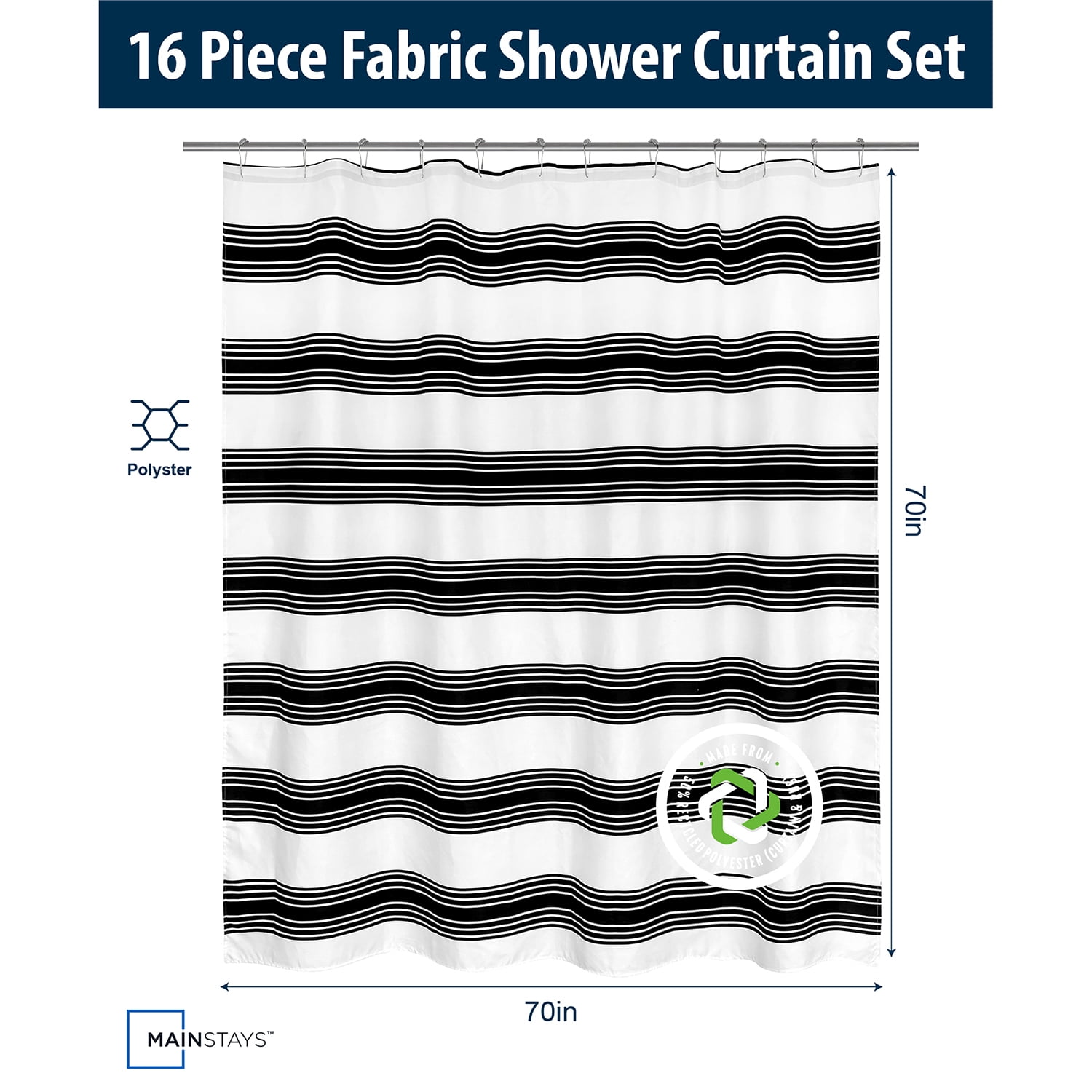 Mainstays 16-Piece Black Stripe Shower Curtain Bathroom Set – Fabric Curtain with Rug, Hooks, Soap Dispenser & Tray